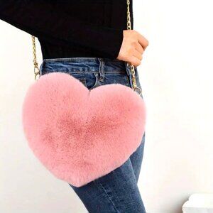 Heart Crossbody Fur Bag Shoulder Gold Chain Pink Fuzzy Plush Purse Zip designer